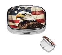 Bald Eagle Flag Veterans Pill Box 2 Compartment Square Portable Pill Case for Pocket or Purse Small Weekly Medicine Planner Travel Pillbox with Mirror Decorative Metal Vitamin Holder Gifts