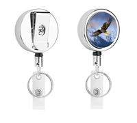 Bald Eagle Flying Badge Reel Round Retractable Keychain Stainless Steel Metal Badge Clip Heavy Duty Badges Holder Nylon Rope Belt Clip and Key Ring for Woman Man