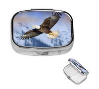 Bald Eagle Flying Pill Box 2 Compartment Square Portable Pill Case for Pocket or Purse Pill Holder Weekly Pill Organizer Decorative Metal Medicine Vitamin Organizer Travel Gift