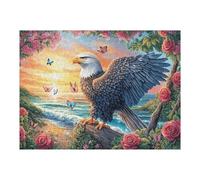Bald Eagle on Branch with Roses And Sea 500 Pc Classic Jigsaw Puzzle Puzzle for Adults Hard Challenging Hobby Home Decor Poster Smooth Wooden Cardboard 500 PCS