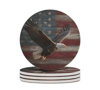 Bald Eagle Soaring over American Flag Rustic Wood Coasters Set of 4 Absorbent Coasters