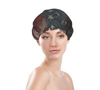 Bald Eagle Soaring Over American Flag Rustic Wood Prints Shower Cap Double Layer Lined Waterproof Bathing Shower Hat One Size