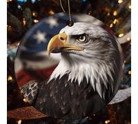 Bald Eagle US Flag Pictures Ceramic Christmas Ornaments - 4 Pcs Rustic Round Xma Tree Decor with Hanging String, Personalized Vintage Double-Sided Holiday Party Decorations for Xmas Gifts
