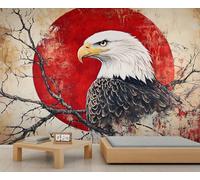 Bald Eagle Wall Mural, Red Sun 3D Wallpaper, Japanese Eagle Mural for Farmhouse Living Room Bedroom Sofa TV Background Decor - 400x280cm