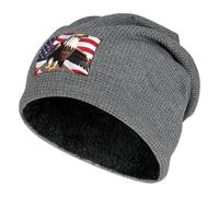 Bald Eagle with American Flag Cuff Beanie Hat Unisex Winter Fleece Lined Caps Skull Cap Plush Pullover Cap for Outdoor, Dark Gray, One size