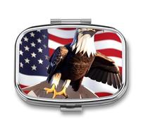 Bald Eagle with American Flag Pill Box 2 Compartment Waterproof Pill Case with Mirror Square Container Metal Medicine Box Organizer Portable Vitamin Case for Pocket & Purse Travel