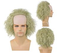 Bald Head Funny Wig, Light Green Curly Wig with Bald Cap, Women Black Short Curly Rocker Fluffy Afro Wig, Halloween Party Cosplay Anime Costume Wig