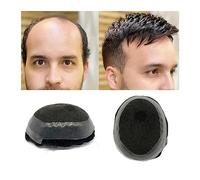Baldness Cover Wig Men's Toupee Mono Lace with PU Around and French Lace in Front Men's Toupee 10x8inch Indian Hair Replacement Hairpiece for Men, #1B Black Color Toupee(130%)
