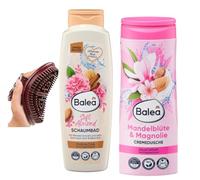 Balea Set of 2 - Soft Almond Bubble Bath (750ml) + Cream Shower Almond Blossom & Magnolia (300ml) + Bonus Hypoallergenic Massage Brush for the Whole Body