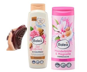 Balea Set of 2 - Soft Almond Bubble Bath (750ml) + Cream Shower Almond Blossom & Magnolia (300ml) + Bonus Hypoallergenic Massage Brush for the Whole Body