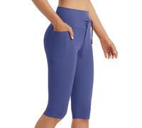 baleaf Women's Drawstring 14" Capri Leggings with Pockets Knee Length High Waisted Capris Shorts Blue M
