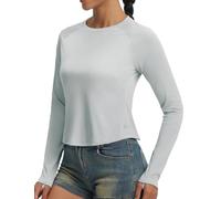baleaf Women's Long Sleeve Crop Shirts Sun Protection Tops UPF 50+ SPF UV Lightweight Slim Fit Rash Guard Hiking Walking Runing Workout Light Gray L