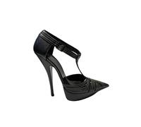 Balenciaga Women's Preloved T-Strap Contrast Stitch Heels in Black Leather | Size: 2.5