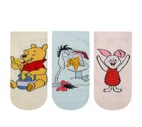 BALENZIA Disney Winnie the Pooh Women's Ankle Length Socks White Black Grey 100% Cotton Spandex 3 Pairs Cream Pink Blue One Size