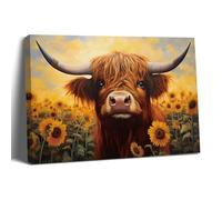 Balgardekor Highland Cow and Sunflowers Sunset Canvas Print Warm and Soft Color Wall Art for Living Room Bedroom Home Office Decoration (16 x 24 Inch)