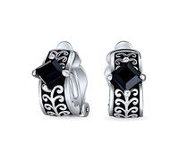 Bali Balinese Black Crystal Vines Scroll Half Hoop Clip On Earrings Non Pierced Ears For Women Black Oxidized Silver Plated