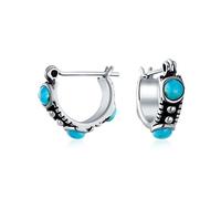 Bali Boho South Western Blue Stabilized Turquoise Bead Small Huggie Hoop Earrings For Women Teen .925 Sterling Silver