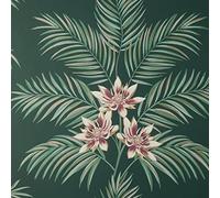 Bali Floral Leaves Dark Green Wallpaper Botanical Flowers Modern Contemporary Palm Tropical Metallic Gold