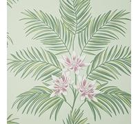 Bali Floral Leaves Mint Green Wallpaper Botanical Flowers Modern Contemporary Palm Tropical Metallic Silver