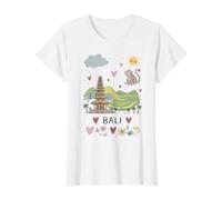 Bali Indonesia Monkey Rice Terrace Temple Heart Artwork Value Graphic T-Shirt, Women, White, M