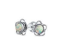Bali Indonesian Tiny Open Genuine Gemstone Flower Opal Stud Earrings For Women Teens Oxidized .925 Sterling Silver October Birthstone