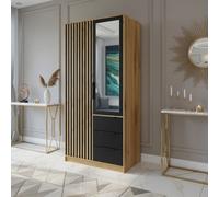 Bali Lux D2 Wardrobe With Mirror Decorative Slats Modern 2 Door Closet For Bedroom Or Hallway Black With Oak Wotan