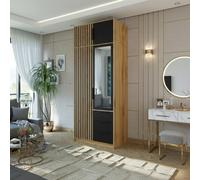 Bali Lux D2 Wardrobe With Mirror Decorative Slats Modern 2 Door Closet For Bedroom Or Hallway Black With Oak Wotan With Extension