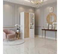 Bali Lux D2 Wardrobe With Mirror Decorative Slats Modern 2 Door Closet For Bedroom Or Hallway White With Oak Wotan
