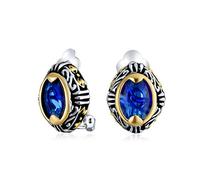 Bali Style Blue Crystal Oval Two Tone Clip On Earrings For Women Simulated Sapphire Non Pierced Silver Gold Plated Brass