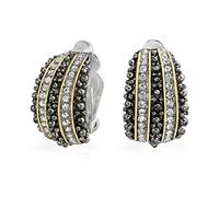 Bali Style Caviar Beading Two Tone Crystal Half Hoop Clip On Earrings Non Pierced Ears Black Gold Plated Brass
