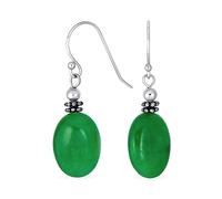 Bali Style Green Jade Milgrain Oval Gemstone Drop Earrings For Women .925 Sterling Silver Oxidized Wire Fish Hook
