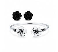 Bali Style Plumeria Flower Stacking Bypass Cuff Bracelet & 3D Black Rose Floral Stud Earrings Jewelry Set for Women Teens Oxidized Silver Plated