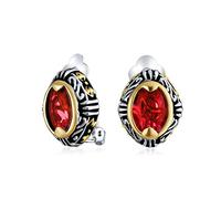 Bali Style Red Crystal Oval Two Tone Clip On Earrings For Women Simulated Ruby Non Pierced Silver Gold Plated Brass