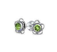 Bali Style Tiny Flower Lime Green Peridot Gemstone Stud Earrings For Women Oxidized Sterling Silver August Birthstone