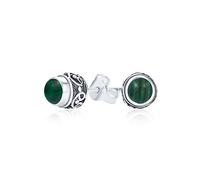 Bali Style Tiny Round Forest Green Malachite Stone Stud Earrings For Women Oxidized .925 Sterling Silver