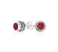 Bali Style Tiny Round Gemstone Red Garnet Stud Earrings For Women Oxidized .925 Sterling Silver January Birthstone