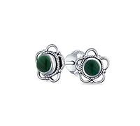 Bali Style Tiny Round Open Flower Forest Green Malachite Stone Stud Earrings For Women Oxidized .925 Sterling Silver