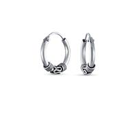 Bali Style Tribal Swirl Continuous Endless Tiny Round Hoop Earrings Oxidized .925 Sterling Silver .50 Inch Diameter