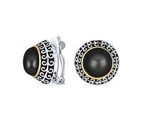 Bali Style Two Tone Black Simulated Onyx Dome Button Style Clip On Earrings For Women Non Pierced Ear Silver Gold Plated