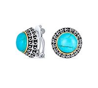 Bali Style Two Tone Button Style Blue Simulated Blue Turquoise Dome Clip On Earrings For Women Non Pierced Ear Silver Gold Plated