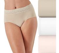 Bali Women's Underwear 3-Pack, Modern Seamless Brief Panties with Lace Trim, Almond/White/Light Buff, 9 (Pack of 3)