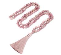 BALIBALI 8MM Beads Chakra Long Mala Necklace Natural Stone Meditation Statement Necklace Japa Yoga Buddhist Rosary Prayer Charm Beaded Tassel Necklace, Rhodonite, Rhodonite