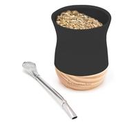 BALIBETOV Ceramic Traditional Yerba Mate Cup & Bombilla Set | 8 Ounces Ceramic Mate Cup with Wooden Base | Includes 1 Bombilla Straw | Easy to Clean Ceramic Design (Black)
