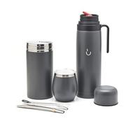 BALIBETOV Complete Yerba Mate Set - Modern Mate Gourd, Vacuum Flask, Yerba Container, Bombilla and Cleaning Brush Included - All Premium Quality 304 18/8 Stainless Steel (Grey)