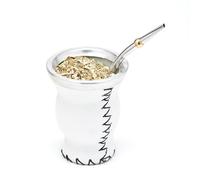 BALIBETOV Leather & Glass Yerba Mate Gourd Set (Mate Cup) with Yerba Mate Bombilla (Off-White)