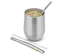 balibetov Premium Stainless Steel Yerba Mate Gourd Set, 5 Pcs - 355 ml Insulated Cup with Lid, 2 Bombillas & Cleaning Brush | BPA-Free, Modern Design (Silver)
