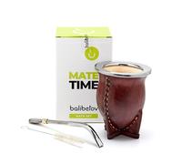 BALIBETOV Premium Yerba Mate Gourd (Mate Cup) - Uruguayan Mate - Leather Wrapped - Includes Stainless Steel Bombilla and Cleaning Brush. (Camionero Burgundy)