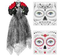 Balinco Dia de los Muertos Women's Day of the Dead Headband with Skull, Roses, Veil and Temporary Face Tattoo, Red, Black, Halloween, Carnival