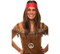 Balinco Hippie Set with Wig + Round Sunglasses + Peace Pendant + Red Headband for Ladies & Men 70s Carnival