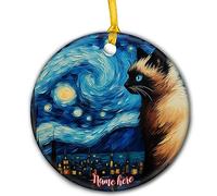 Balinese Cat At Starry Night Noel Xmas Tree Hanging Ceramic Remembrance Ornament With Ribbon Hanging